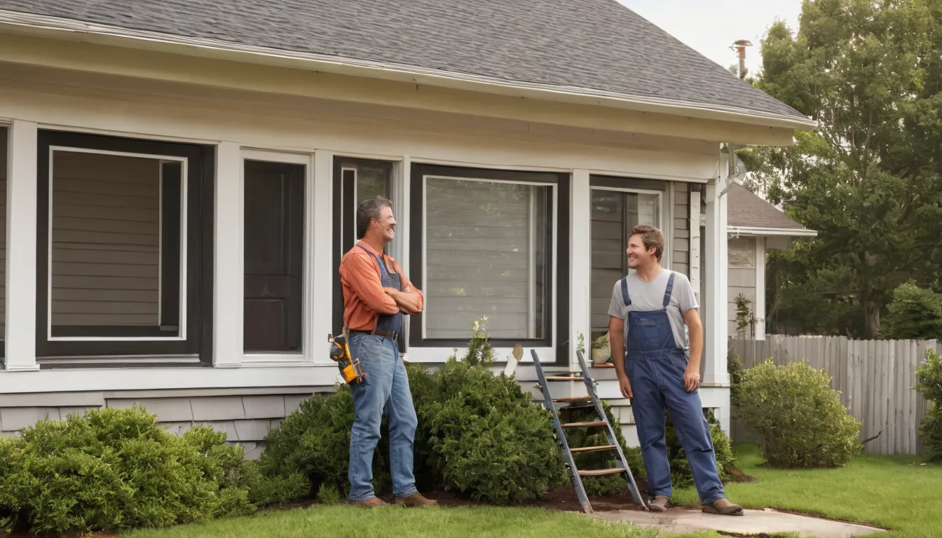 Friendly homeowner talking with a siding provider beside an older frame house in Mentor